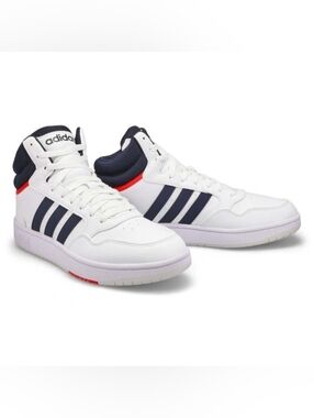 Adidas Hoops 3.0 Mid Men White High-Top Sneakers with Navy Stripes